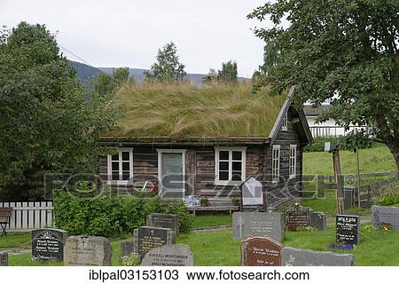 Stock Image - "House with a grass-covered roof at a cemetery, Al, Buskerud, Ostlandet, Norway, Europe". Fotosearch
