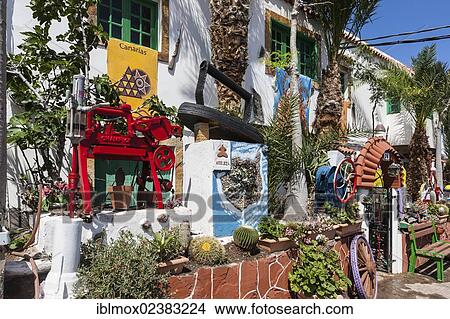 Picture - "House with painted flotsam and jetsam, stranded goods, near Las Marciegas, San Nicolas, Gran Canaria, Canary Islands, Spain, Europe, PublicGround, Europe". Fotosearch