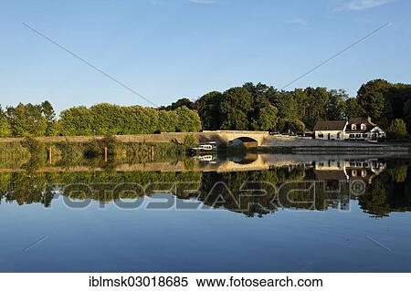 Stock Photography - "Houseboat on the Saone, evening mood in the harbour, Scey-sur-Saone, Vesoul, Region Franche-Comte, Dep. Haute-Saone, France, Europe". Fotosearch