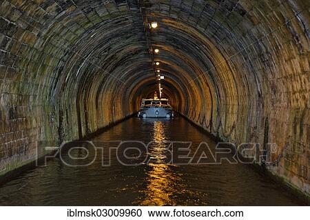 Stock Image - "Houseboat on the Saone, tunnel of Saint-Albin, 680 metres, Scey-sur-Saone, Vesoul, Haute-Saone, Franche-Comte, France, Europe". Fotosearch