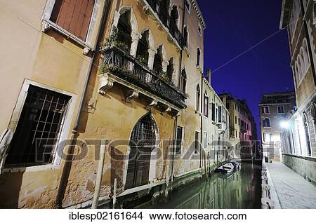 Picture - "Houses along a canal at night, Fondamenta Giacinto Gallina, Venice, Venezia, Veneto, Italy, Europe". Fotosearch