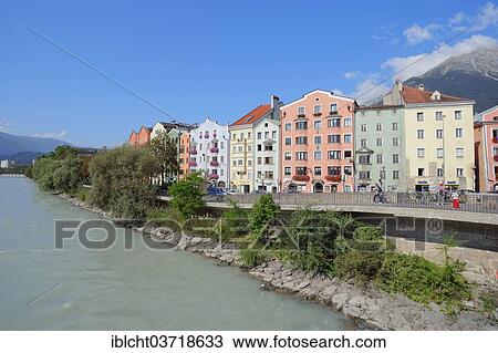 Stock Image - "Houses along the Inn River, Mariahilf, Innsbruck, Tyrol, Austria, Europe". Fotosearch