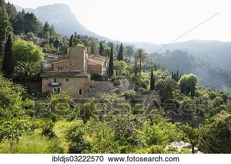 "Houses with gardens and mountains, Deia, Majorca, Balearic Islands, Spain, Europe" View Large Photo Image Stock Image - "Houses with gardens and mountains, Deia, Majorca, Balearic Islands, Spain, Europe". Fotosearch