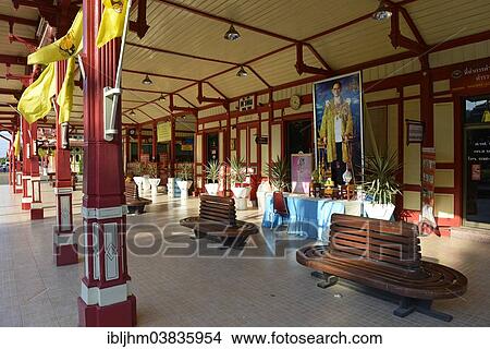 Picture - "Hua Hin Railway Station with a portrait of King Bhumibol Adulyadej the Great, Rama IX, Prachuap Khiri Khan province, Central Thailand, Thailand, Asia". Fotosearch