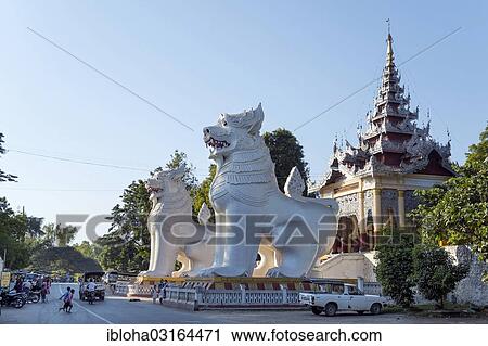 "Huge statues of lions in front of the south entrance to Mandalay Hill, Mandalay, Mandalay Division, Myanmar, Burma, Asia" View Large Photo Image Stock Image - "Huge statues of lions in front of the south entrance to Mandalay Hill, Mandalay, Mandalay Division, Myanmar, Burma, Asia". Fotosearch