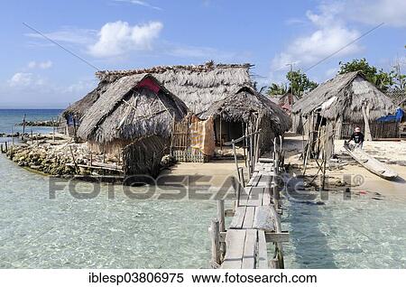 Stock Photography - "Huts on the beach, village of the Kuna people, Nalunega, San Blas Islands, Panama, Caribbean, North America". Fotosearch