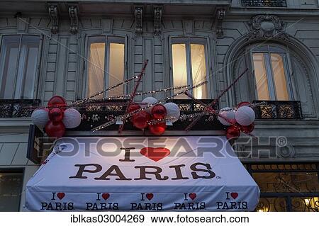 Stock Photo - "I Love Paris souvenir shop with Christmas decorations, Avenue des Champs Elysees, 8th Arrondissement, Paris, Ile-de-France, France, Europe". Fotosearch