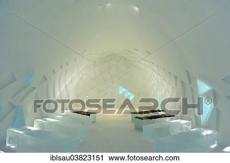 Stock Image - "Ice art, chancel made of ice, church, Jukkasjarvi Icehotel, Lapland, Norrbotten County, Sweden, Scandinavia, Europe". Fotosearch