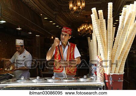 Stock Photography - "Ice cream salesman in Istiklal Caddesi, Istiklal Caddesi, Beyoglu, Istanbul, Istanbul Province, Turkey, Asia". Fotosearch