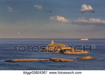Stock Photo - "Iles Finocchiarola with a ferry, Cap Corse, Haute-Corse, Corsica, France, Europe". Fotosearch