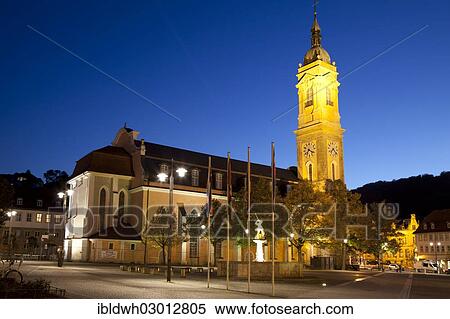 Stock Photography - "Illuminated Church of St. George on market square, Thuringer Wald, Eisenach, Thuringia, Germany, Europe". Fotosearch
