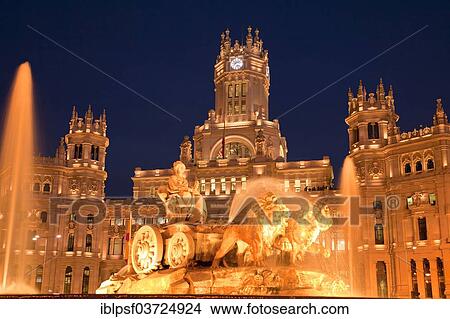 "Illuminated Fuente de Cibeles fountain in front of the Palacio de Comunicaciones, the former Post Office, Madrid, Spain, Europe" View Large Photo Image Picture - "Illuminated Fuente de Cibeles fountain in front of the Palacio de Comunicaciones, the former Post Office, Madrid, Spain, Europe". Fotosearch