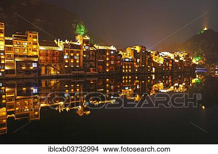 "Illuminated houses on the Wuyang River at night, historic center, Zhenyuan, Guizhou, China, People's Republic of China, Asia" View Large Photo Image Picture - "Illuminated houses on the Wuyang River at night, historic center, Zhenyuan, Guizhou, China, People's Republic of China, Asia". Fotosearch