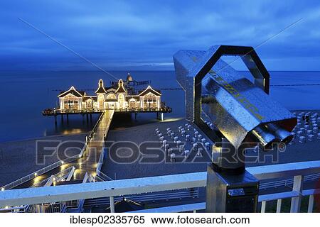 Stock Photography - "Illuminated pier, telescope, Baltic Sea resort of Sellin, Baltic Seaside Resort Sellin, Rugen, Mecklenburg-Western Pomerania, Germany, Europe". Fotosearch