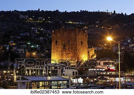 "Illuminated Red Tower in the port of Alanya, Antalya, Turkish Riviera, Turkey, Asia" View Large Photo Image Stock Image - "Illuminated Red Tower in the port of Alanya, Antalya, Turkish Riviera, Turkey, Asia". Fotosearch
