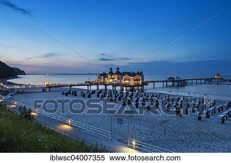 Stock Photography - "Illuminated Sellin Pier, Sellin, Rugen Island, Mecklenburg-Western Pomerania, Germany, Europe". Fotosearch