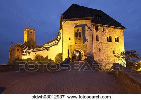 Stock Photo - "Illuminated Wartburg Castle at dusk, UNESCO World Heritage Site, Eisenach, Thuringia, Germany, Europe". Fotosearch