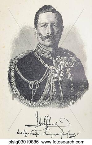 Stock Photograph - "Illustration, lithography, portrait of Kaiser Friedrich Wilhelm II with a facsimile signature, after the original photography by Reichard and Lindner, imperial court photographers, Berlin, Germany, Europe". Fotosearch