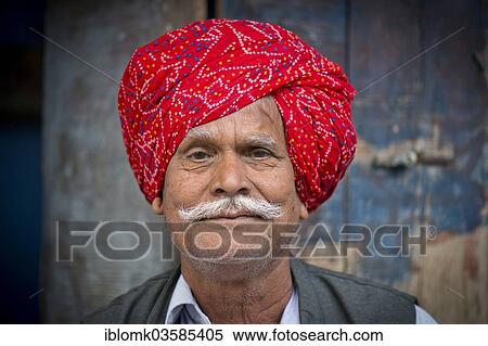 Stock Photography - "Indian man with a red turban, Bassi, Rajasthan, India, Asia". Fotosearch