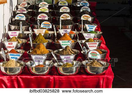 Stock Photo - "Indian spices and curries for sale at the weekly flea market, Anjuna, Goa, India, Asia". Fotosearch