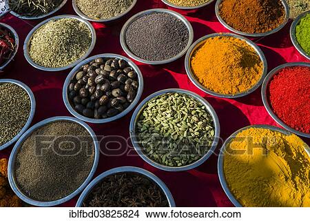 Picture - "Indian spices for sale at the weekly flea market, Anjuna, Goa, India, Asia". Fotosearch