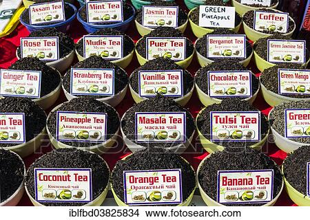 Picture - "Indian teas for sale at the weekly flea market, Anjuna, Goa, India, Asia". Fotosearch