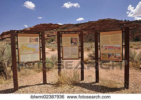 Stock Photograph - "Information boards at the Trailhead Wirepass, starting point to The Wave Navajo sandstone rocks, North Coyote Buttes, CBN, Pahreah Paria Canyon, Vermilion Cliffs National Monument, Arizona, Utah, Southwestern USA, USA". Fotosearch