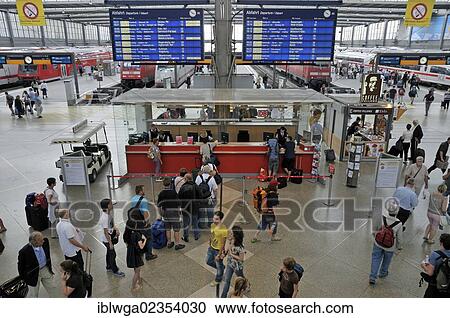 Stock Image - "Information stand with train information, concourse, Central Railway Station in Munich, Upper Bavaria, Bavaria, Germany, Europe". Fotosearch