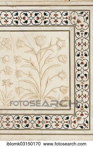 Stock Image - "Inlaid marble, floral relief, Taj Mahal, mausoleum, UNESCO World Heritage Site, Agra, Uttar Pradesh, India, Asia". Fotosearch