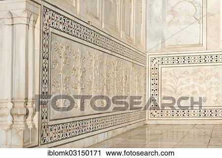 Stock Image - "Inlaid marble, floral relief, Taj Mahal, mausoleum, UNESCO World Heritage Site, Agra, Uttar Pradesh, India, Asia". Fotosearch