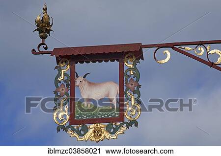 Stock Image - "Inn sign of the former """"Zum Ochsen"""" restaurant, Wangen, Allgau, Bavaria, Germany, Europe". Fotosearch