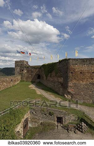 Stock Image - "Inner bailey with clock tower, Burg Rheinfels castle, Unesco World Heritage Upper Middle Rhine Valley, near St. Goar, Rhineland-Palatinate, Germany, Europe". Fotosearch
