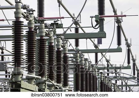 Stock Image - "Insulators of the switchyard of a substation, Neuenhagen, Brandenburg, Germany, Europe". Fotosearch