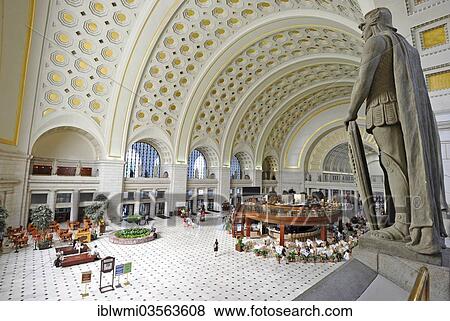 "Interior, Great Main Hall, larger than life statue, concourse of Union Station railway station, Washington DC, District of Columbia, United States, North America" View Large Photo Image Stock Photo - "Interior, Great Main Hall, larger than life statue, concourse of Union Station railway station, Washington DC, District of Columbia, United States, North America". Fotosearch