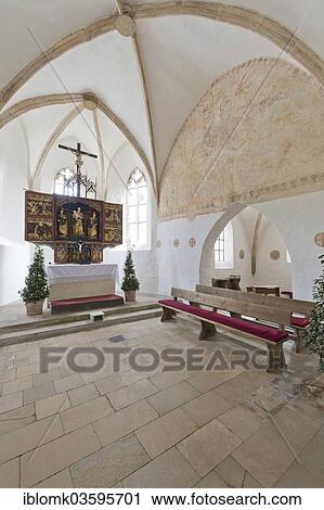Stock Image - "Interior, Late Gothic altar, St. Gallus Church, the oldest church building of Carolingian origin in Franconia, Altmuhltal, Pappenheim, Middle Franconia, Bavaria, Germany, Europe". Fotosearch