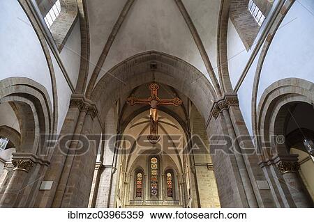 Stock Photo - "Interior of the Romanesque St. Peter's Cathedral, 13th century, with crucifix, Osnabruck, Lower Saxony, Germany, Europe". Fotosearch