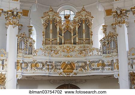 Stock Image - "Interior, organ, Wieskirche church or Pilgrimage Church of Wies, UNESCO World Heritage Site, Wies, Steingaden, Pfaffenwinkel region, Upper Bavaria, Bavaria, Germany, Europe". Fotosearch