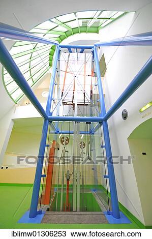Stock Image - "Interior, ramp, elevator, New State Gallery, Stuttgart, Baden-Wuerttemberg, Germany, Europe". Fotosearch