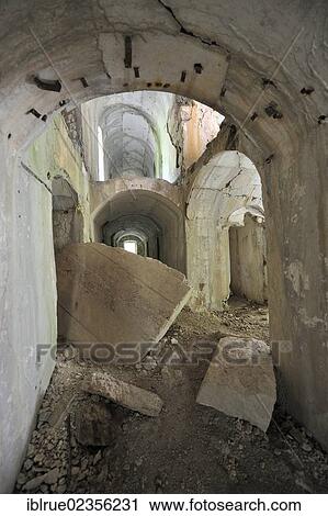 Stock Image - "Interior view of Fort Hermann, which was partially destroyed in World War I, Bovec, Slovenia, Europe". Fotosearch