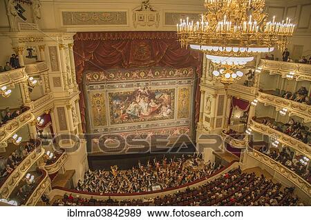 "Interior view of the Semperoper opera house, concert hall with a huge curtain, the orchestra and the audience, seen from the top gallery, Dresden, Saxony, Germany, Europe" View Large Photo Image Stock Photo - "Interior view of the Semperoper opera house, concert hall with a huge curtain, the orchestra and the audience, seen from the top gallery, Dresden, Saxony, Germany, Europe". Fotosearch