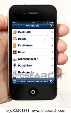 "IPhone, smartphone, with the AroundMe app on the display, showing institutions, restaurants, banks, parking lots, etc. in the immediate vicinity" View Large Photo Image Stock Image - "IPhone, smartphone, with the AroundMe app on the display, showing institutions, restaurants, banks, parking lots, etc. in the immediate vicinity". Fotosearch