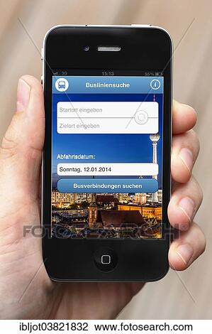 Stock Image - iPhone with app listing all long-distance bus lines on the display. Fotosearch