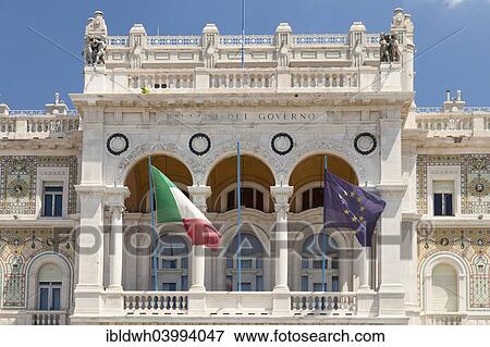 "Italian and European flags in front of the Palazzo del Governo, Piazza Unita d'Italia, Trieste, Friuli-Venezia Giulia, Italy, Europe" View Large Photo Image Stock Photo - "Italian and European flags in front of the Palazzo del Governo, Piazza Unita d'Italia, Trieste, Friuli-Venezia Giulia, Italy, Europe". Fotosearch