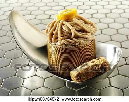 Japanese cake with a pattered chocolate case and chestnut puree with cumquat sauce View Large Photo Image Stock Image - Japanese cake with a pattered chocolate case and chestnut puree with cumquat sauce. Fotosearch