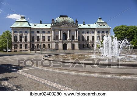 Stock Image - "Japanese Palace, Palaisplatz square with a fountain, Dresden, Saxony, Germany, Europe". Fotosearch