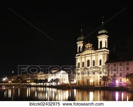 "Jesuit church on the Reuss river at night, Lucerne, Switzerland, Europe" View Large Photo Image Stock Photography - "Jesuit church on the Reuss river at night, Lucerne, Switzerland, Europe". Fotosearch