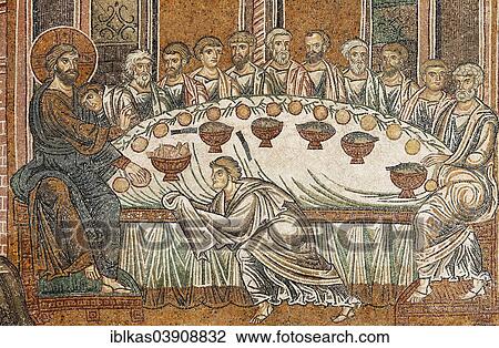 "Jesus and his disciples during the Last Supper, Byzantine gold ground mosaics, Cathedral of Santa Maria Nuova, Monreale Cathedral, Monreale, Province of Palermo, Sicily, Italy, Europe" View Large Photo Image Stock Image - "Jesus and his disciples during the Last Supper, Byzantine gold ground mosaics, Cathedral of Santa Maria Nuova, Monreale Cathedral, Monreale, Province of Palermo, Sicily, Italy, Europe". Fotosearch