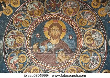 Picture - "Jesus Christ Pantocrator, finely crafted fresco in the dome of the Greek Orthodox Church of Cyprus, Panagia tis Asinou, Nikitari, Troodos-Gebirge, Republik Zypern, Cyprus, Europe". Fotosearch