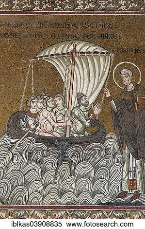 "Jesus saving St. Peter on a boat in the sea, Byzantine gold ground mosaics, Cathedral of Santa Maria Nuova, Monreale Cathedral, Monreale, Province of Palermo, Sicily, Italy, Europe" View Large Photo Image Stock Photography - "Jesus saving St. Peter on a boat in the sea, Byzantine gold ground mosaics, Cathedral of Santa Maria Nuova, Monreale Cathedral, Monreale, Province of Palermo, Sicily, Italy, Europe". Fotosearch