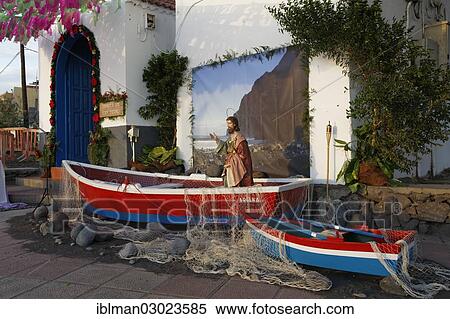 "Jesus statue as a fisherman in a boat, chapel decorated for the Bajada Nuestra Senora de los Reyes, a procession which takes place every five years, La Playa, Valle Gran Rey, La Gomera, Canary Islands, Spain, Europe" View Large Photo Image Stock Photography - "Jesus statue as a fisherman in a boat, chapel decorated for the Bajada Nuestra Senora de los Reyes, a procession which takes place every five years, La Playa, Valle Gran Rey, La Gomera, Canary Islands, Spain, Europe". Fotosearch